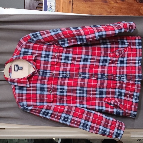 Lands' End Mens Flannel Sherpa Shacket Red/Blue Plaid Pockets Buttons M/T 38-40